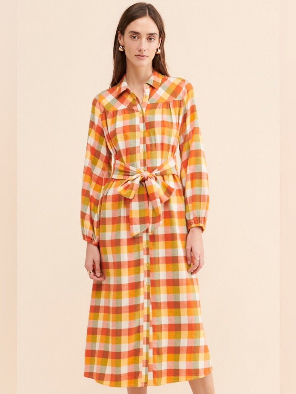 Du Paradis Fall Cotton Flannel Plaid Tie Midi Dress - Size Small